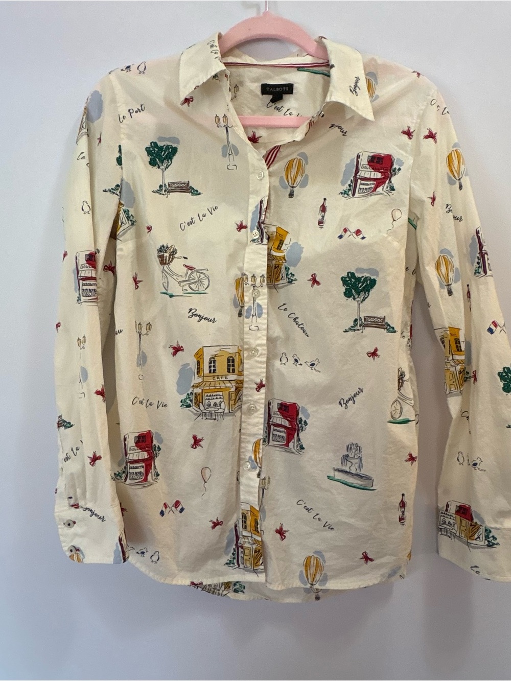 Talbots Cream Button-Down Shirt with Multicolor Paris Print